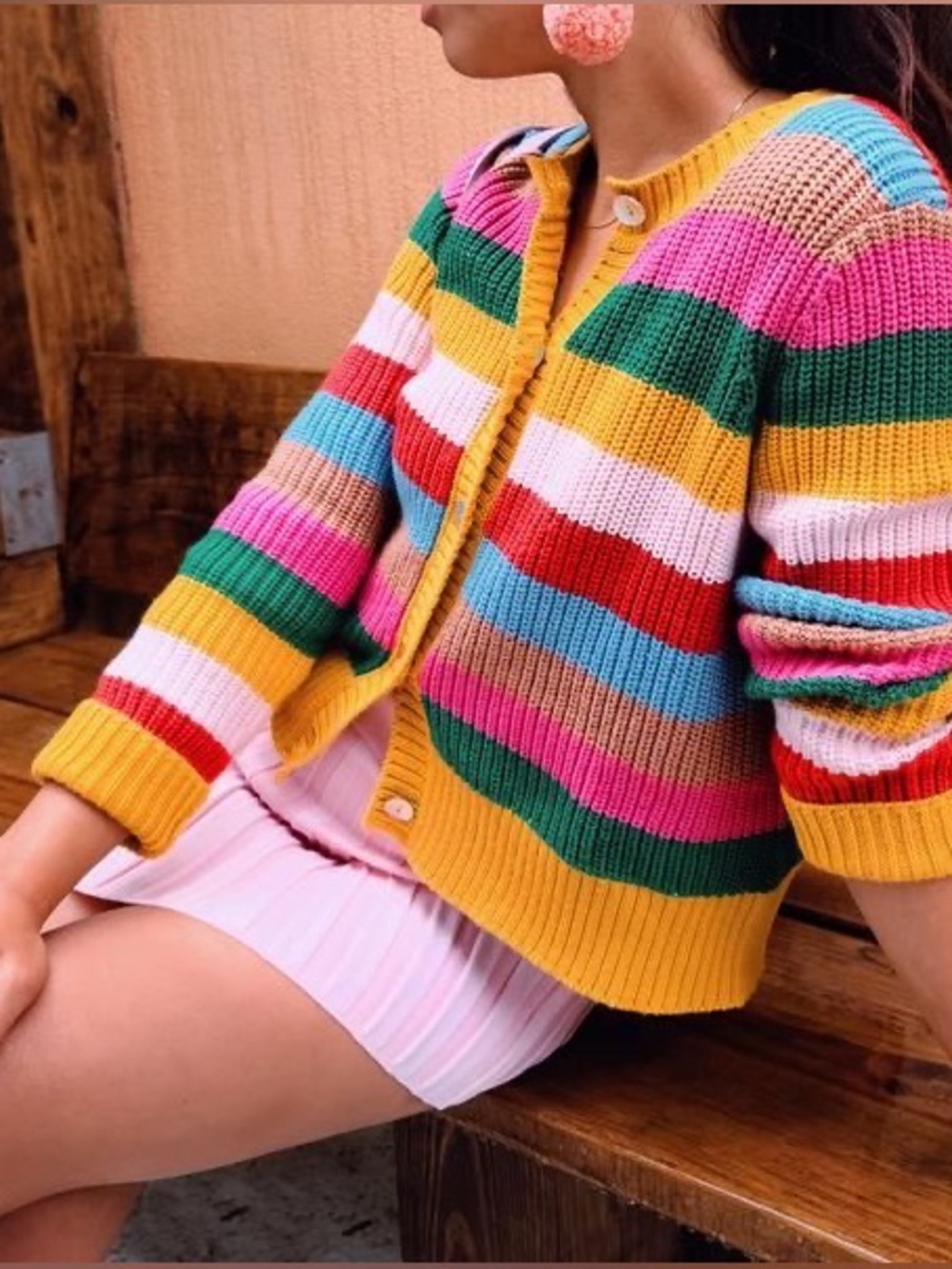 ban.do Sunset Stripe Cardigan Rainbow Cotton Wool Knit Sweater Large